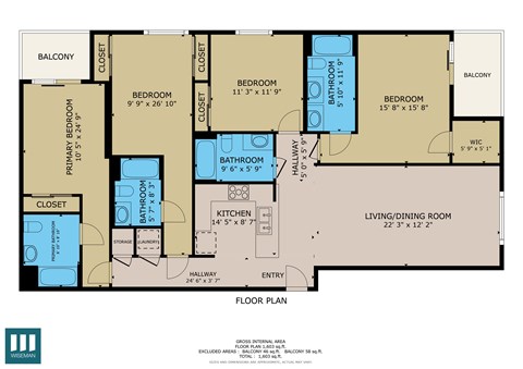 A floor plan of an apartment with a living room, kitchen, and four bedrooms.